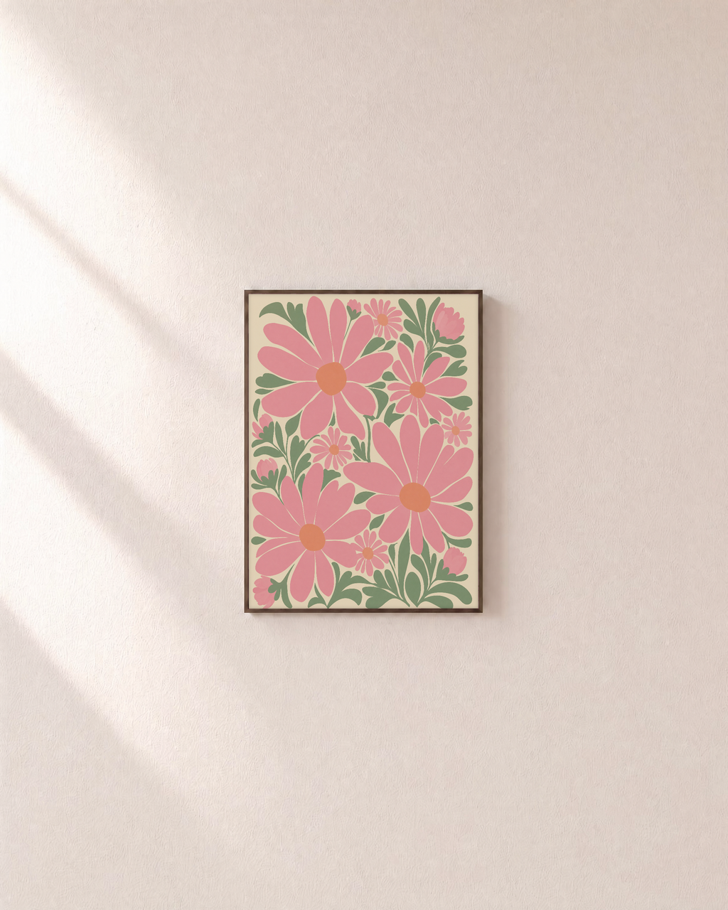 Garden Trio pink daisy wall art: unframed print is shown framed for styling on a plain wall; frame not included