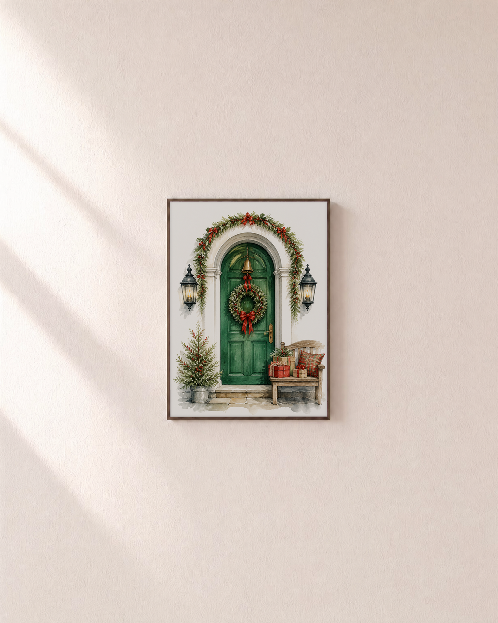 December Door green door print: unframed print is shown framed for styling on a plain wall; frame not included