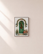 December Door green door print: unframed print is shown framed for styling on a plain wall; frame not included