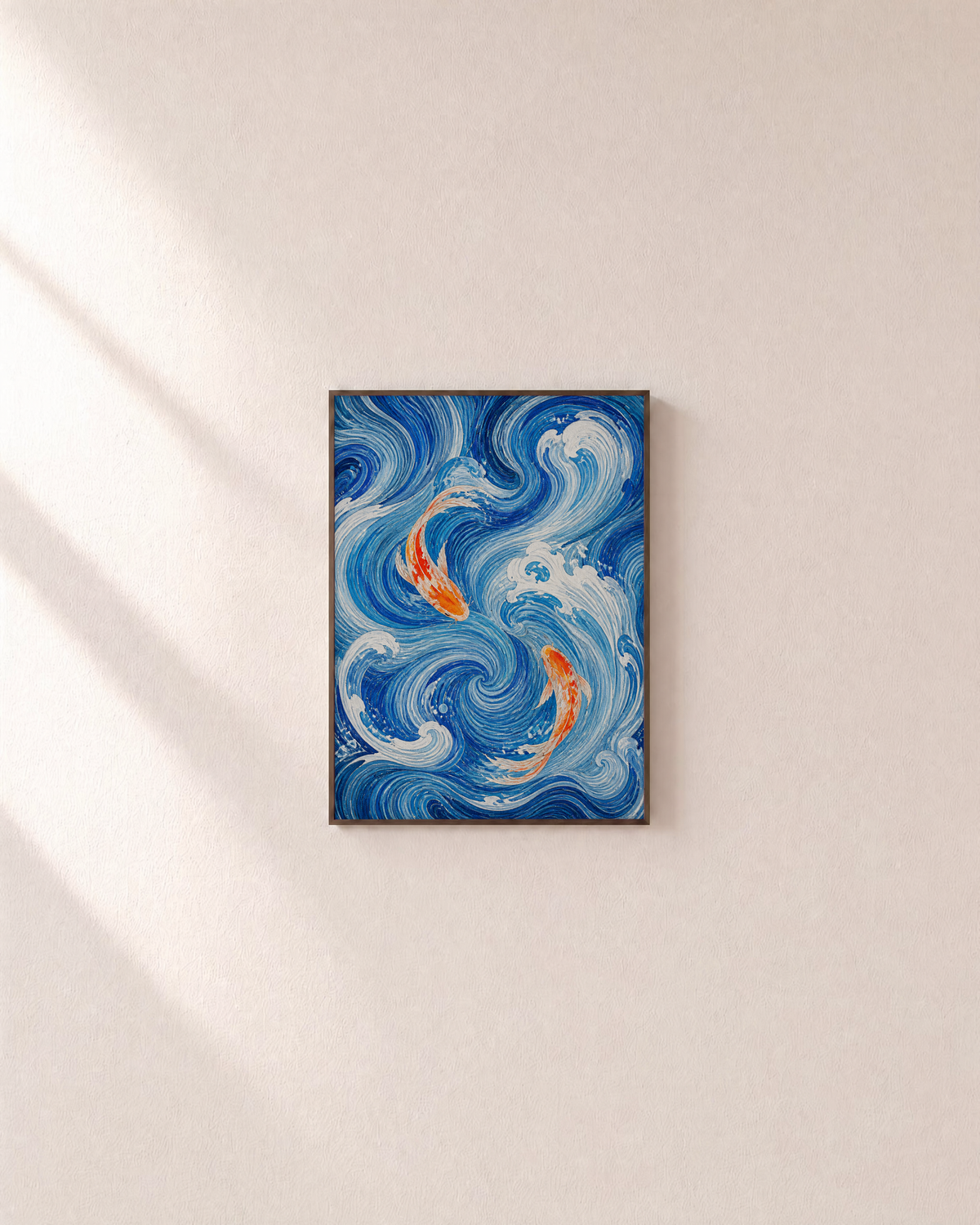 Turning Koi koi wall art: unframed print is shown framed for styling on a plain wall; frame not included
