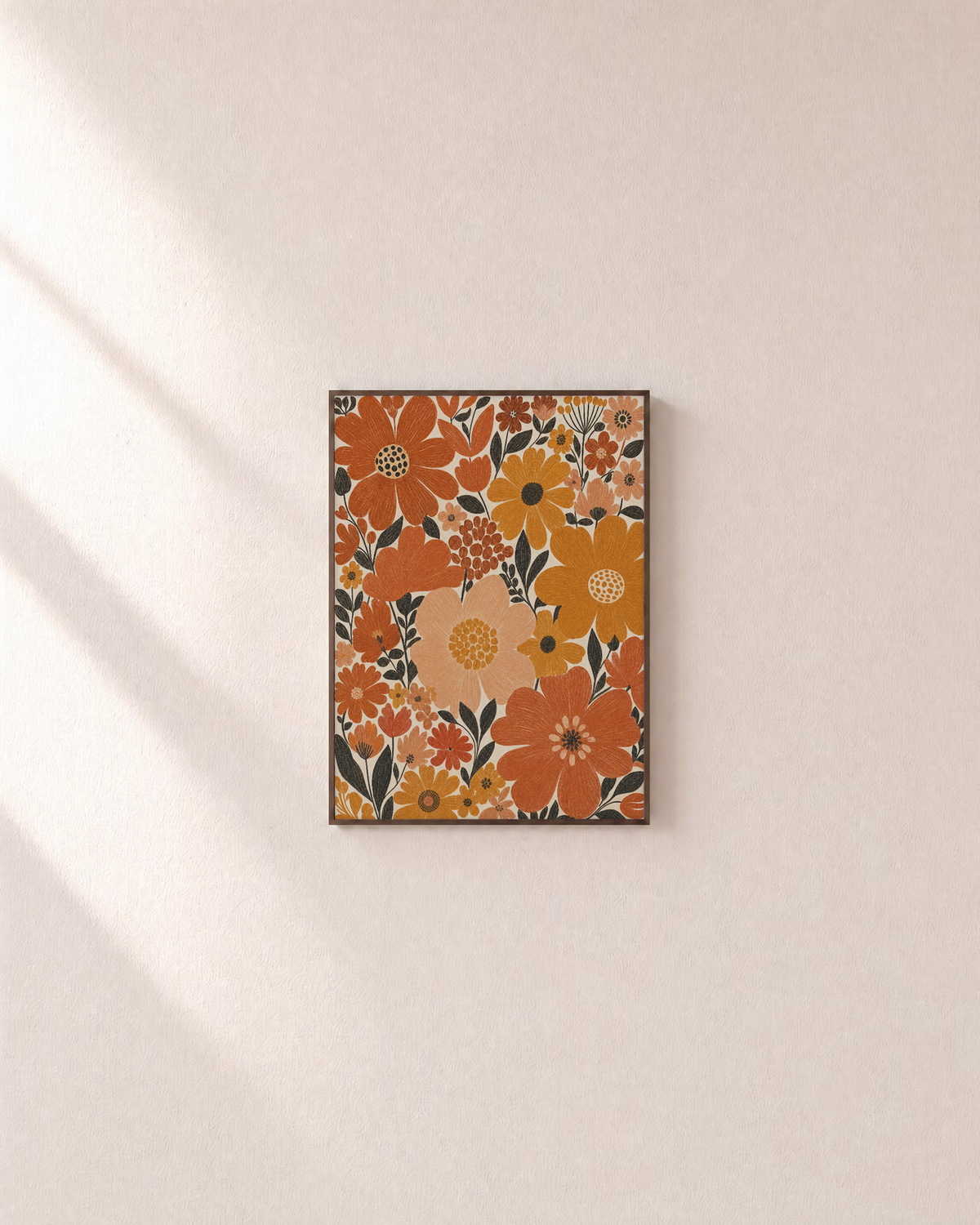 Late Blooms terracotta bloom wall art: unframed print is shown framed for styling on a plain wall; frame not included
