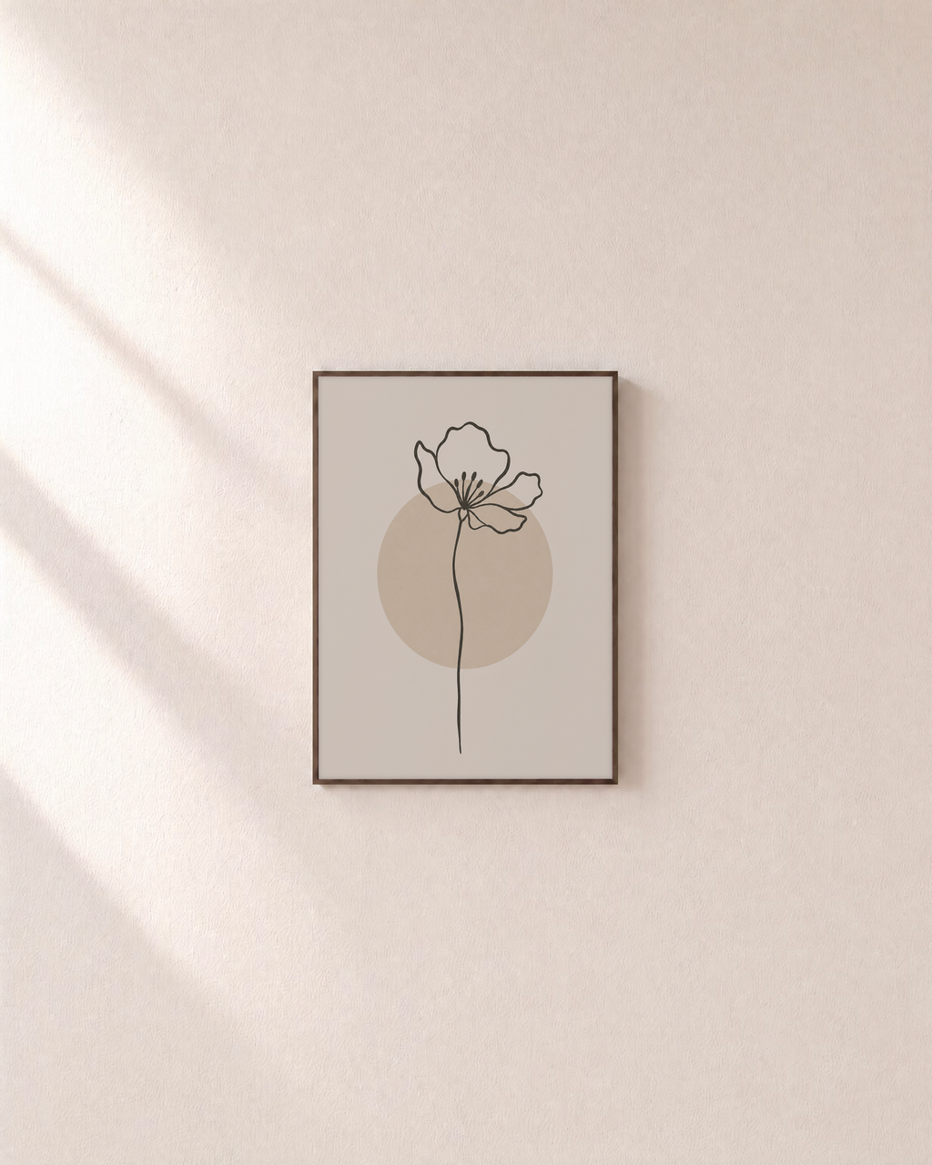 Poppy Pause line poppy print: unframed print is shown framed for styling on a plain wall; frame not included
