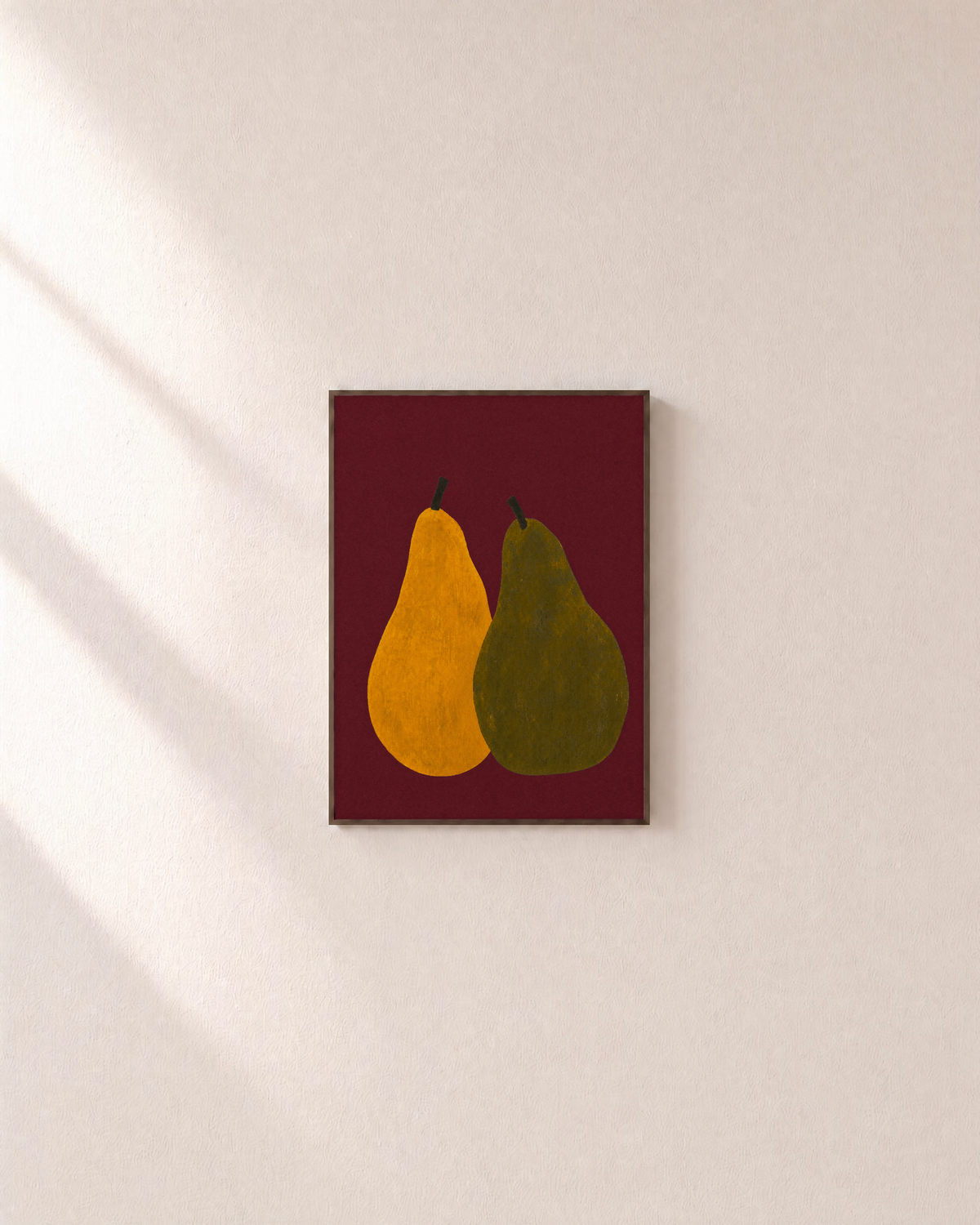 Wine Pears wine pear wall art: unframed print is shown framed for styling on a plain wall; frame not included