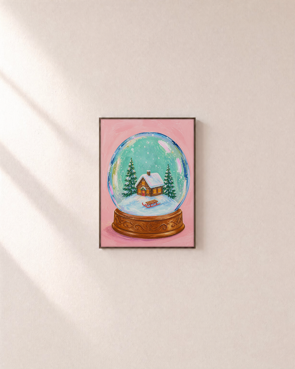 Sled Stop snow globe print: unframed print is shown framed for styling on a plain wall; frame not included
