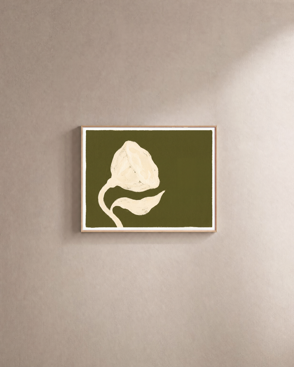 Ivory Bloom Forest unframed print is shown framed for styling in a plain wall; frame not included