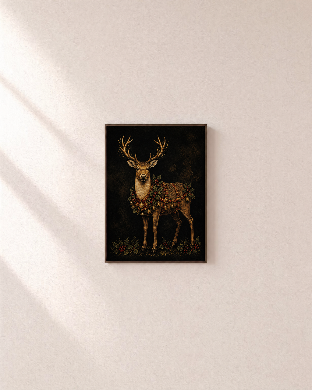 Holiday Reindeer bell reindeer print: unframed print is shown framed for styling on a plain wall; frame not included