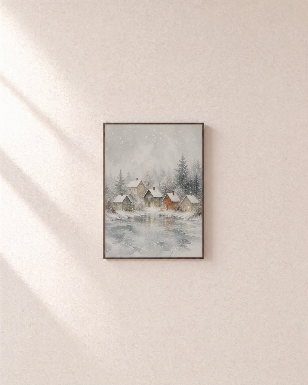 Snow Village mist village print: unframed print is shown framed for styling on a plain wall; frame not included