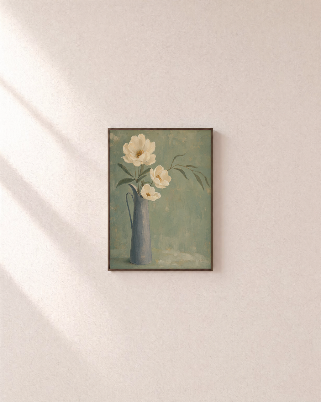Cream Flowers and Long Leaves cream flowers in grey pitcher wall art print: unframed print is shown framed for styling on a plain wall; frame not included