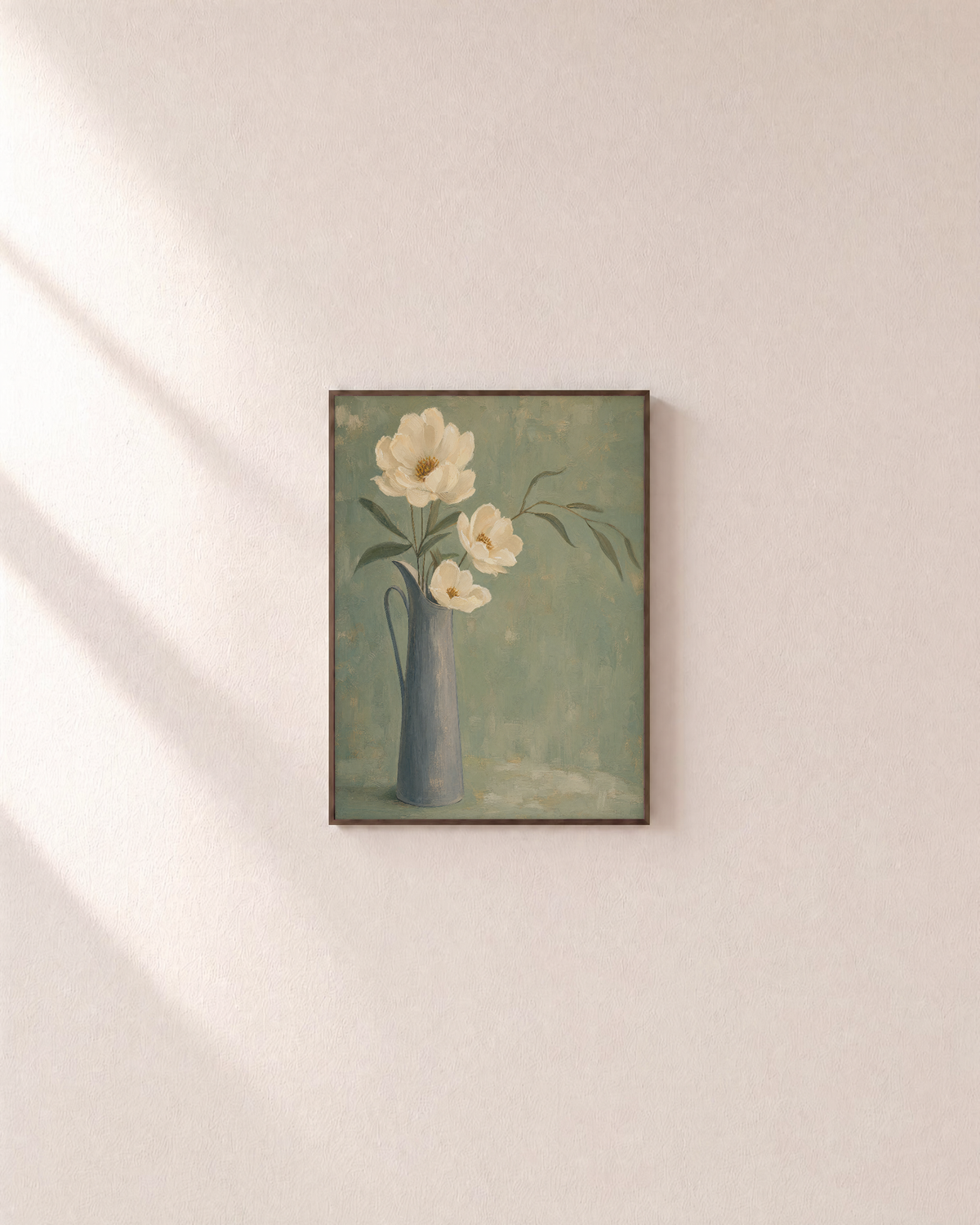 Cream Flowers and Long Leaves cream flowers in grey pitcher wall art print: unframed print is shown framed for styling on a plain wall; frame not included