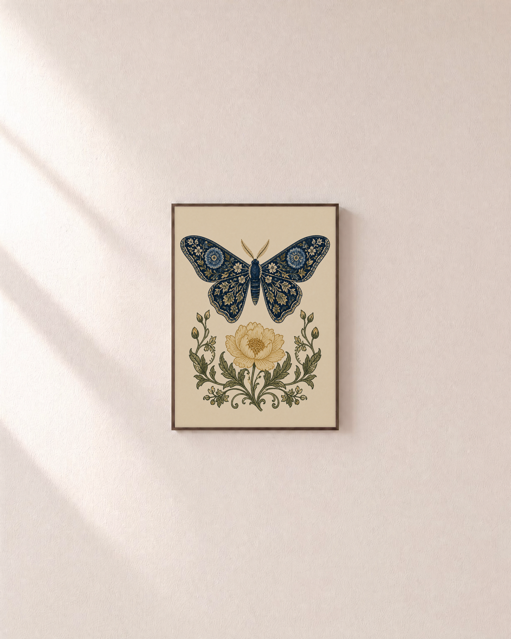 Butter Bloom navy moth wall art: unframed print is shown framed for styling on a plain wall; frame not included