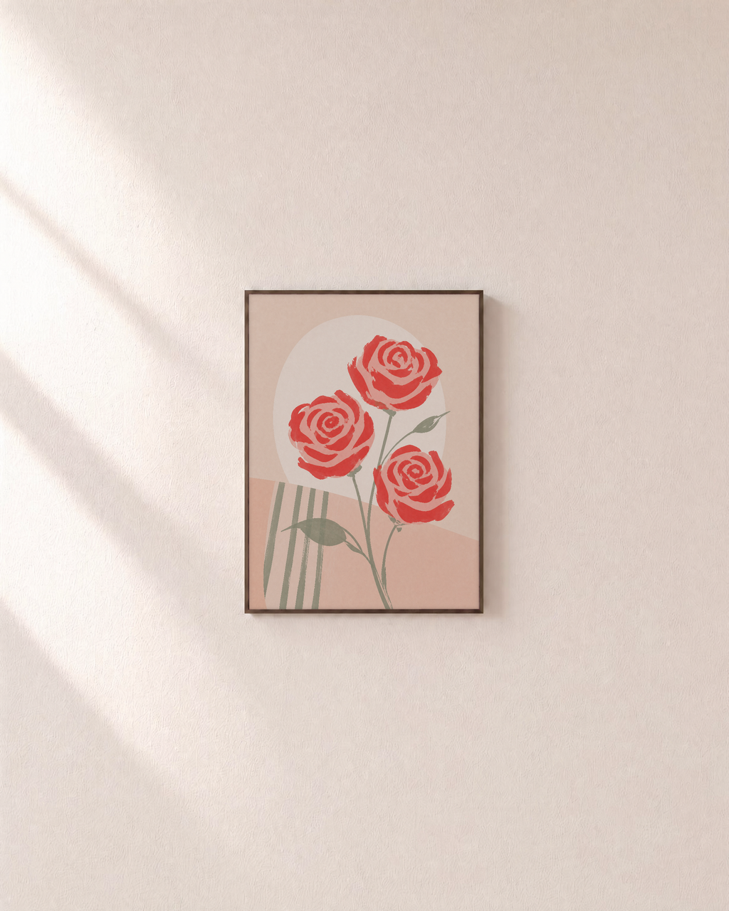 Rose Count coral rose wall art: unframed print is shown framed for styling on a plain wall; frame not included