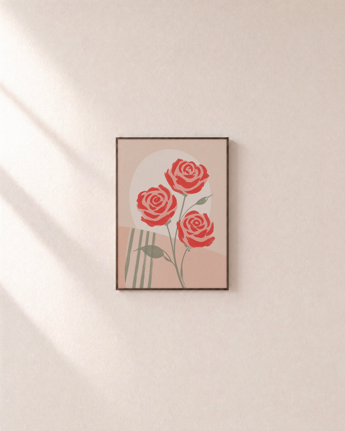 Rose Count coral rose wall art: unframed print is shown framed for styling on a plain wall; frame not included