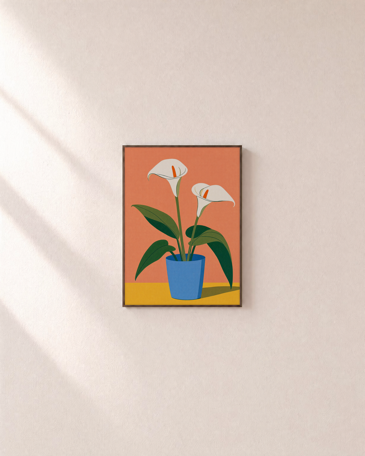 Calla Pair calla lily wall art: unframed print is shown framed for styling on a plain wall; frame not included