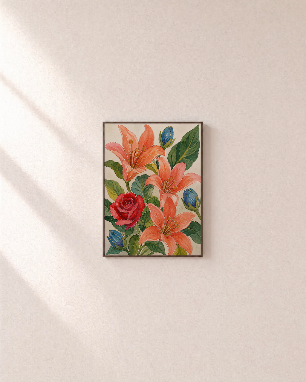 Rose Hour rose wall art: unframed print is shown framed for styling on a plain wall; frame not included