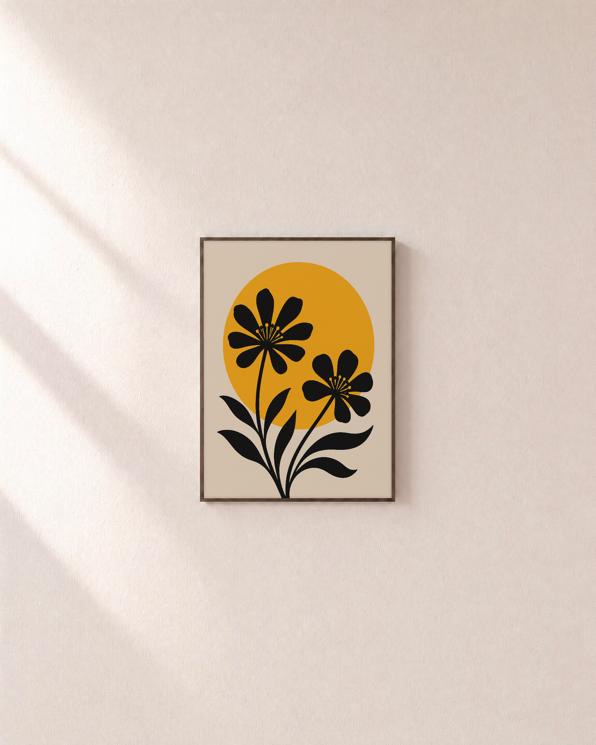 Noon Blooms black bloom silhouette wall art: unframed print is shown framed for styling on a plain wall; frame not included