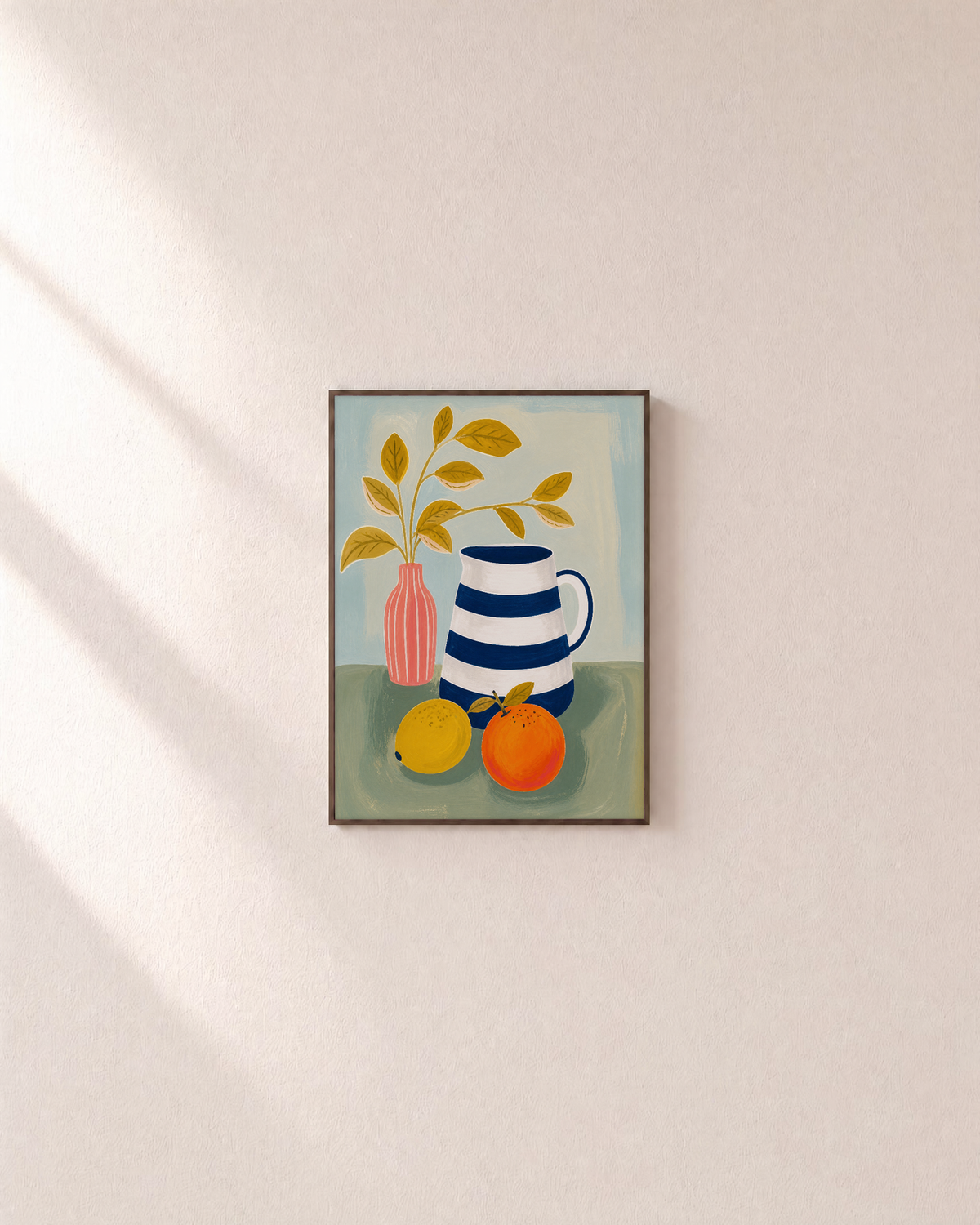 Morning Pitcher striped pitcher wall art: unframed print is shown framed for styling on a plain wall; frame not included
