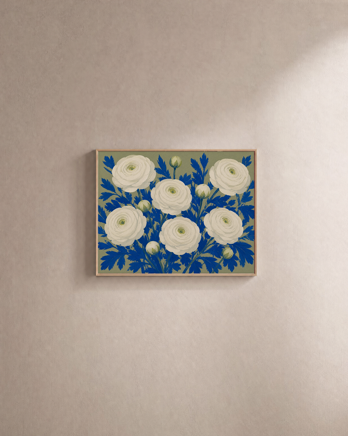 Ranunculus Thicket white ranunculus wall art: unframed print is shown framed for styling on a plain wall; frame not included