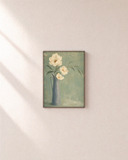 Ivory Pitcher Blooms Press edition unframed print is shown framed for styling in a plain wall; Frame not included
