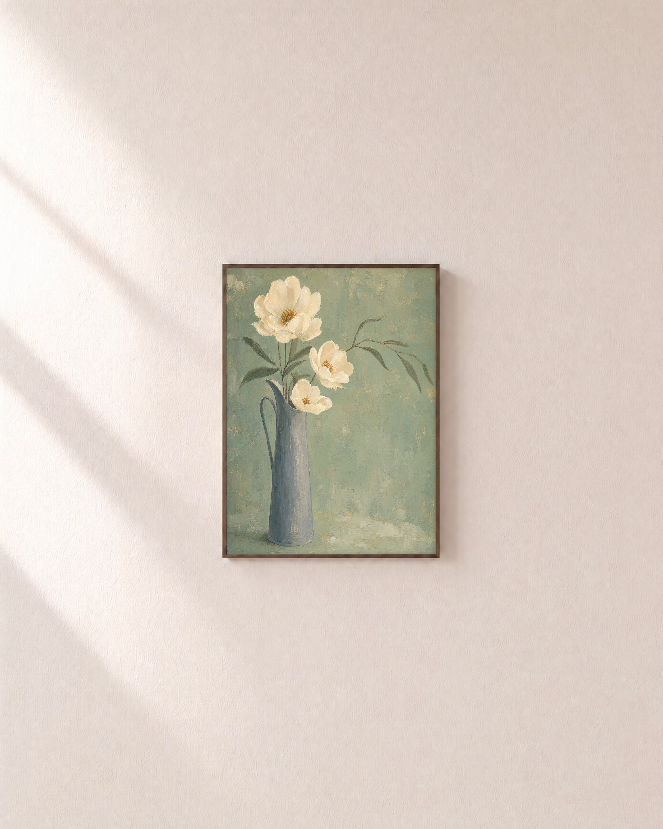Ivory Pitcher Blooms Press edition unframed print is shown framed for styling in a plain wall; Frame not included