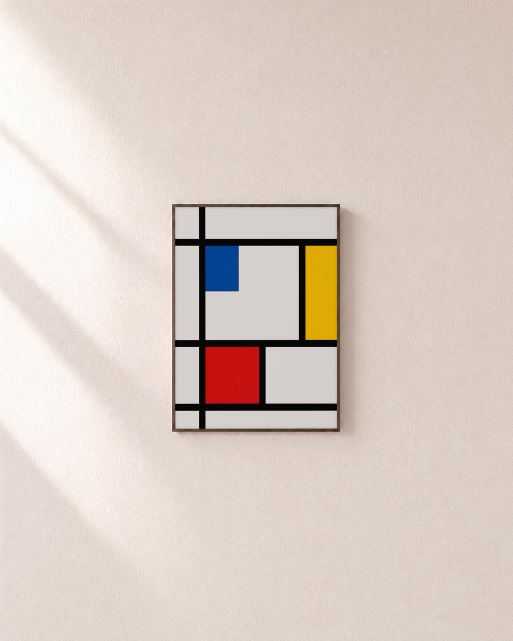 Blue Red Yellow Bar Grid Remap unframed print is shown framed for styling in a plain wall; frame not included