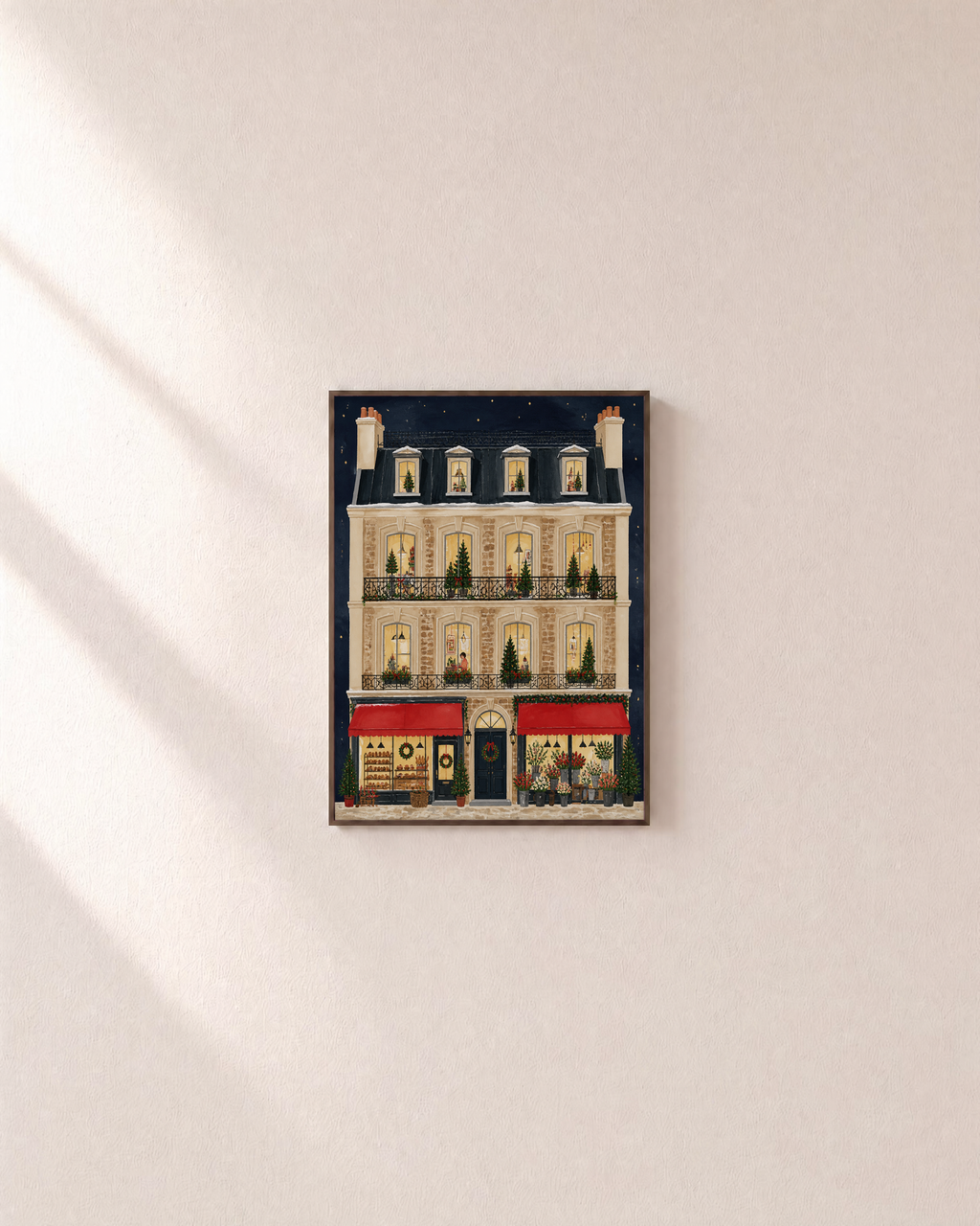 Christmas Bakery bakery house print: unframed print is shown framed for styling on a plain wall; frame not included