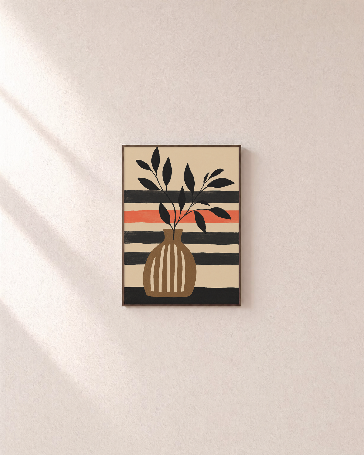 Branch Hour stripe vase wall art: unframed print is shown framed for styling on a plain wall; frame not included
