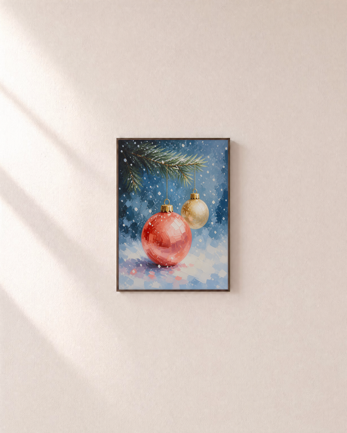 Snowfall Bauble coral bauble print: unframed print is shown framed for styling on a plain wall; frame not included