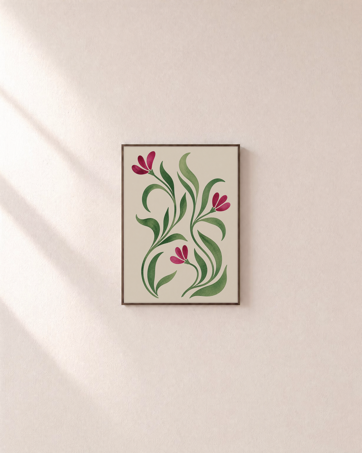 Small Bloom floral art prints: unframed print is shown framed for styling on a plain wall; frame not included