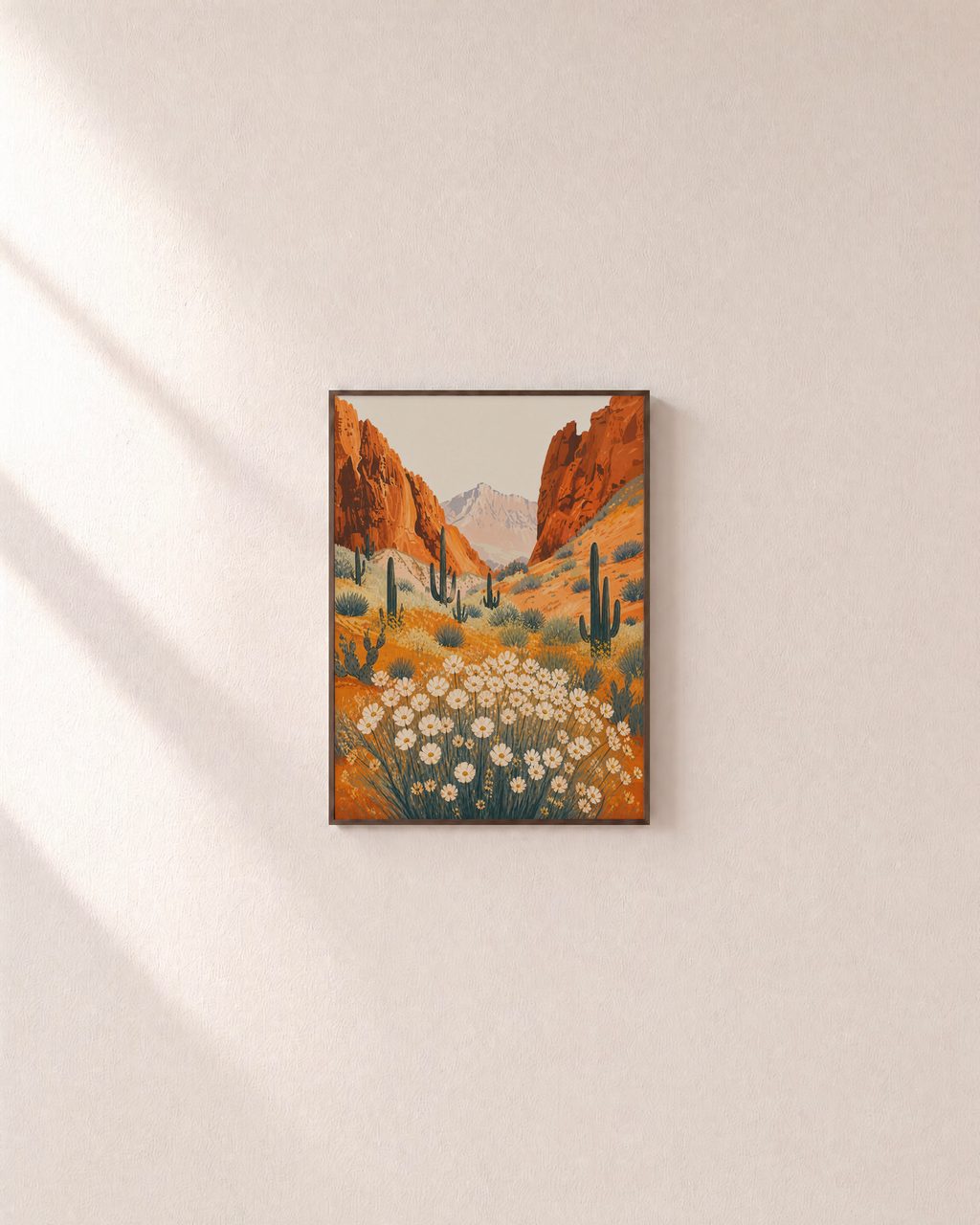 Canyon Bloom white flower art prints: unframed print is shown framed for styling on a plain wall; frame not included