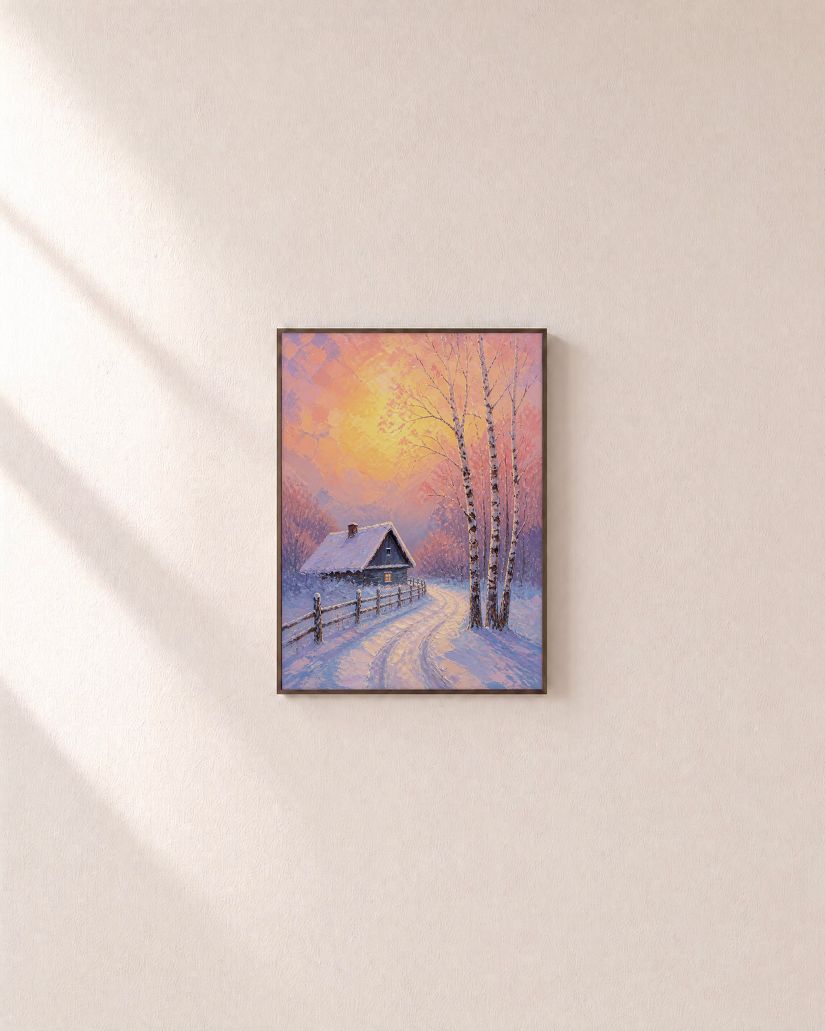 Cottage Sundown sunset cottage print: unframed print is shown framed for styling on a plain wall; frame not included