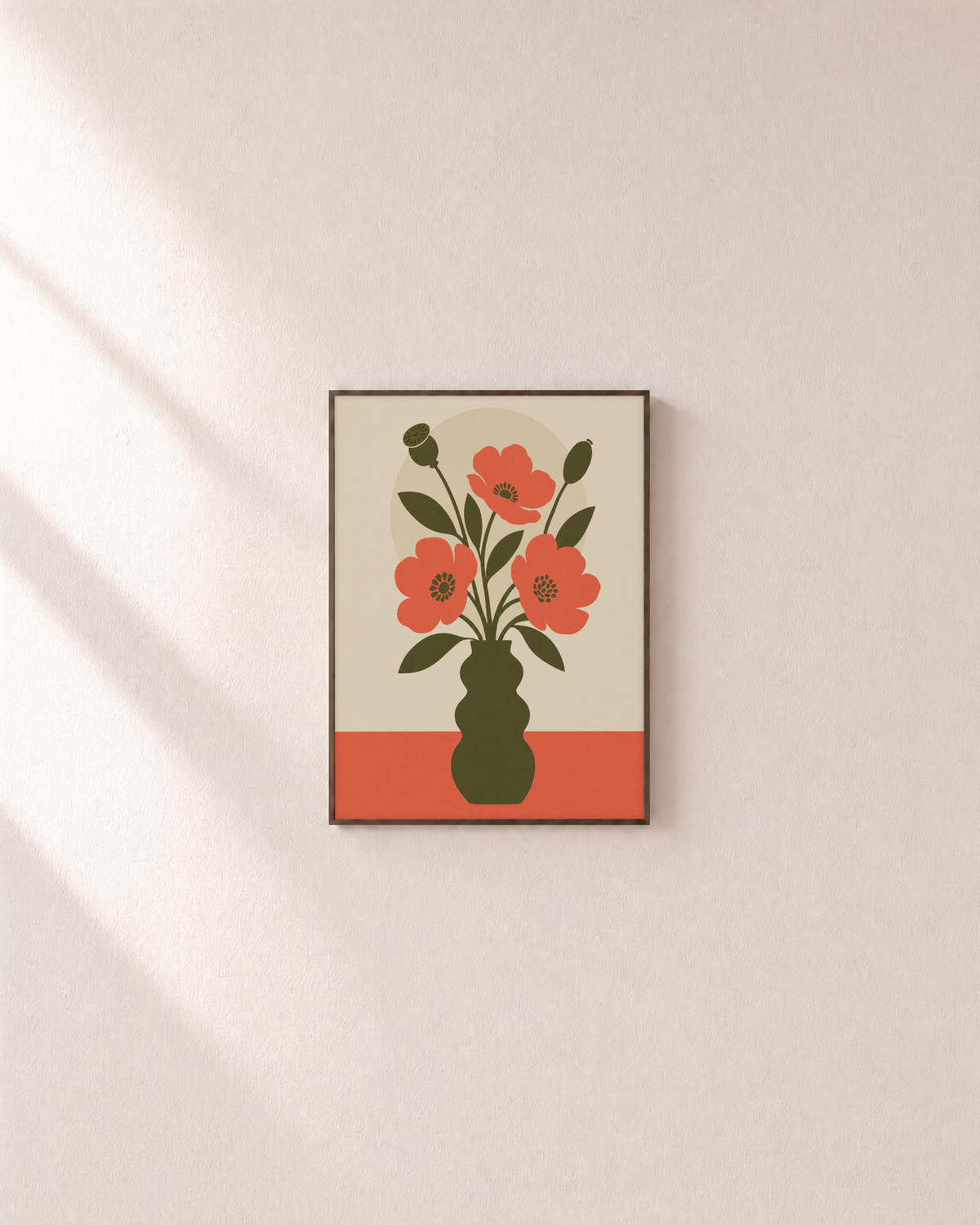 Table Poppies poppy art print: unframed print is shown framed for styling on a plain wall; frame not included