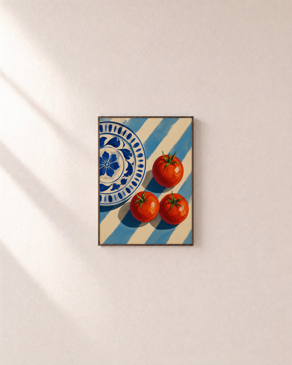 Lunch Tomatoes three tomato print: unframed print is shown framed for styling on a plain wall; frame not included
