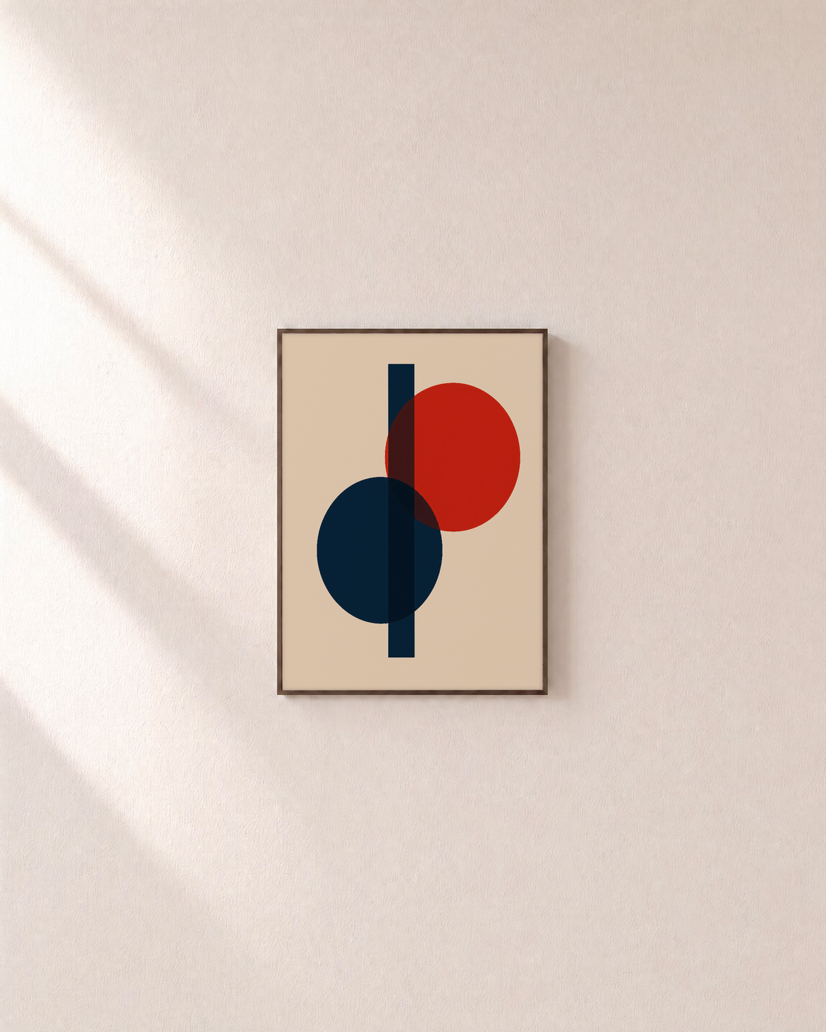 Two Circles One Rectangle Stack unframed print is shown framed for styling in a plain wall; frame not included