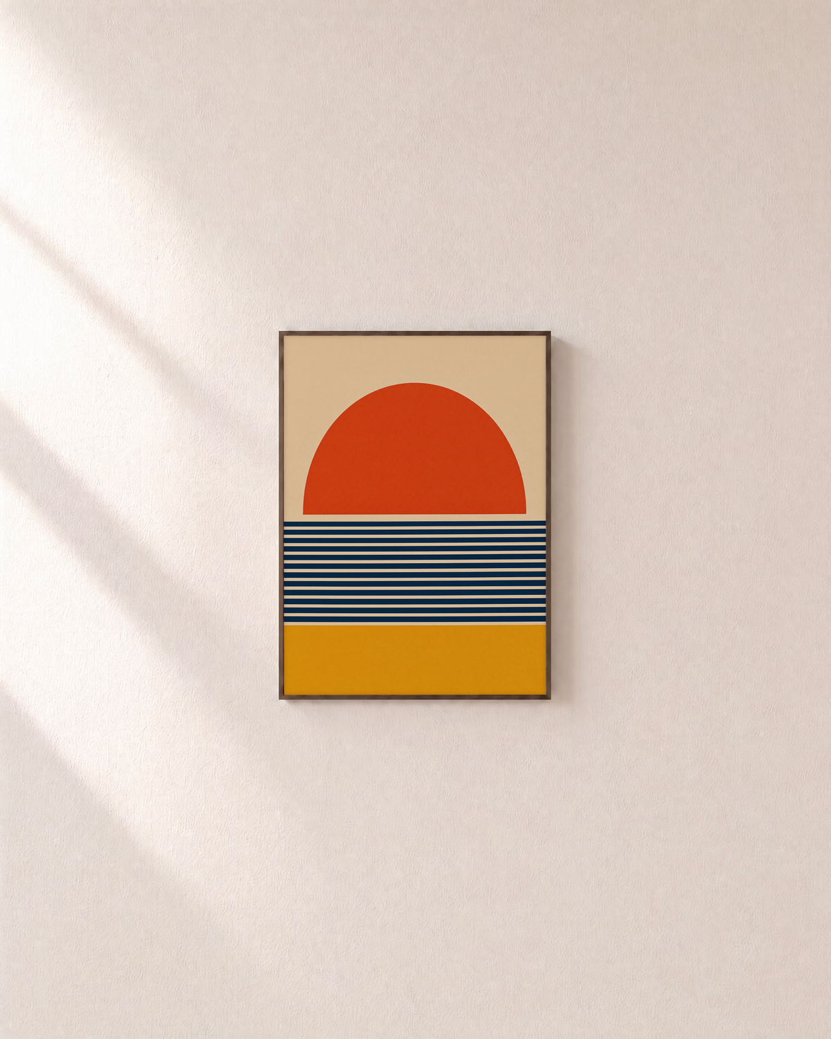 Banked Sun navy stripe sun wall art: unframed print is shown framed for styling on a plain wall; frame not included