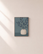 The Last Branch teal vase botanical wall art print: unframed print is shown framed for styling on a plain wall; frame not included