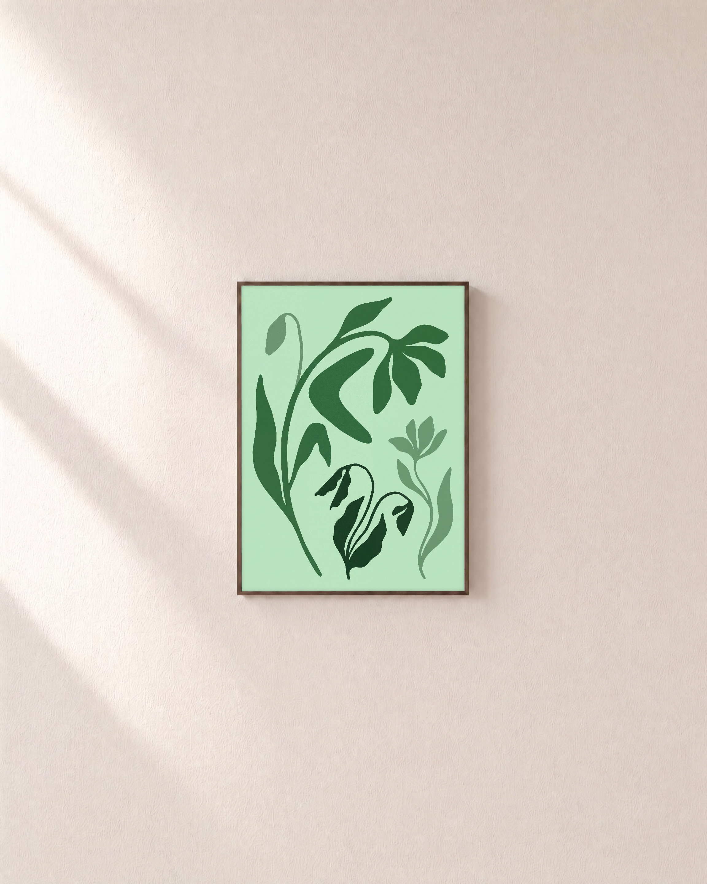 Green Wildflower unframed print is shown framed for styling in a plain wall; frame not included