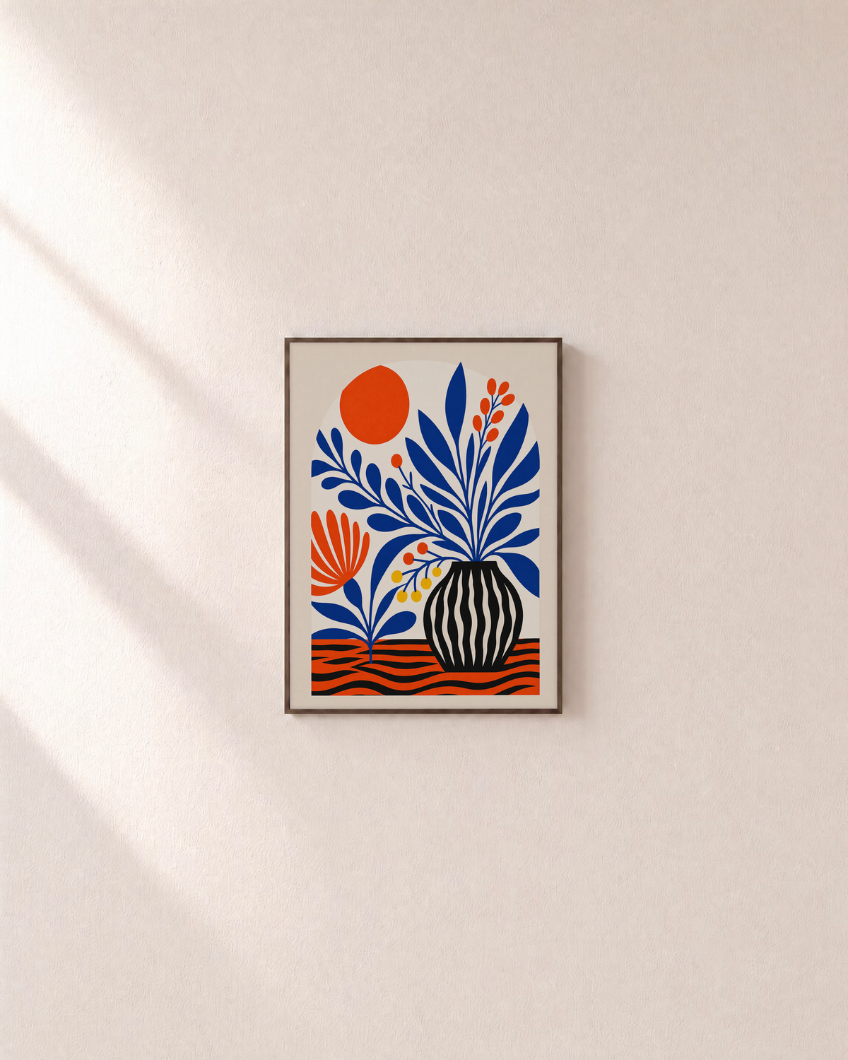 Afternoon Vase botanical plant prints: unframed print is shown framed for styling on a plain wall; frame not included