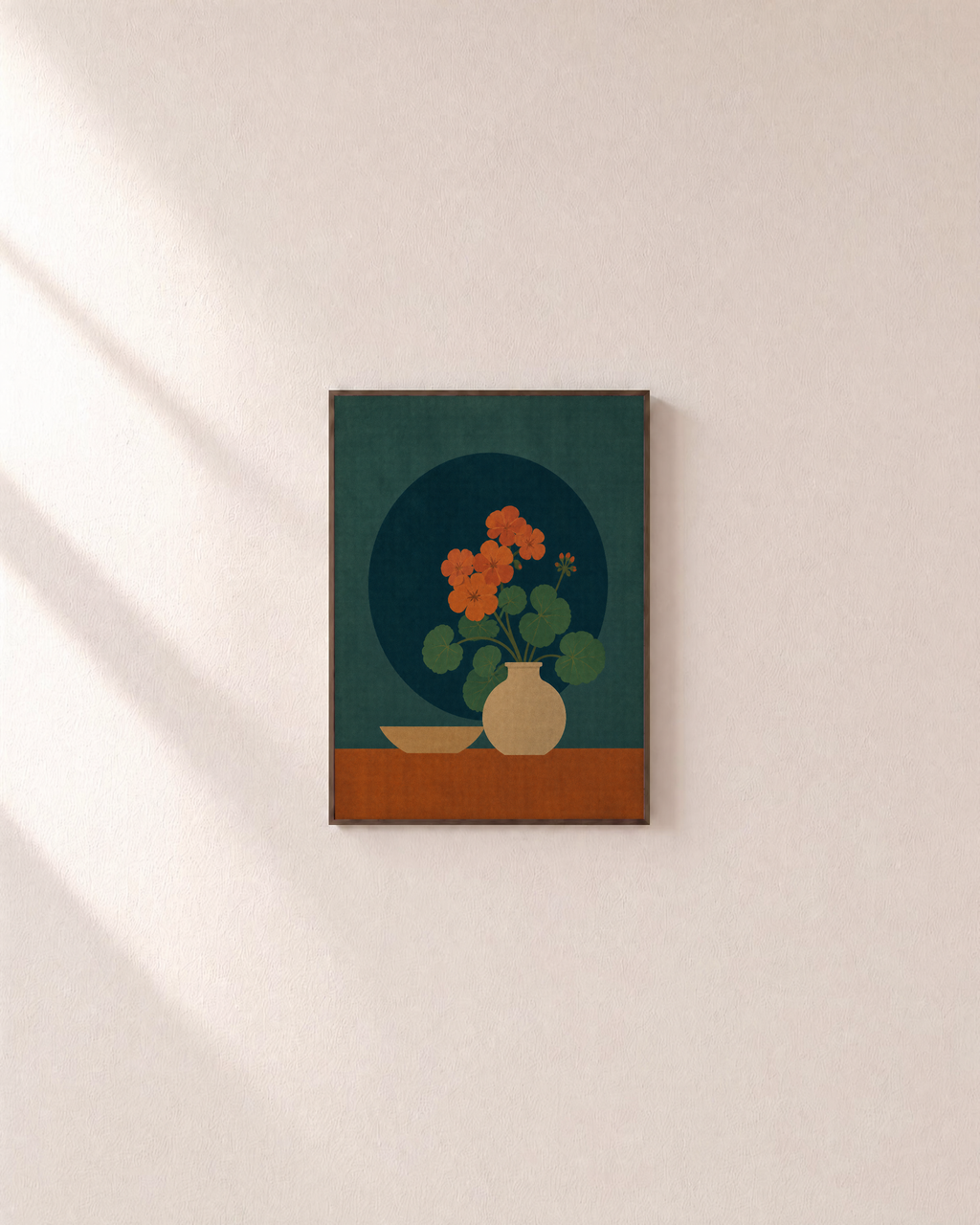 Morning Geraniums vintage botanical flower prints: unframed print is shown framed for styling on a plain wall; frame not included