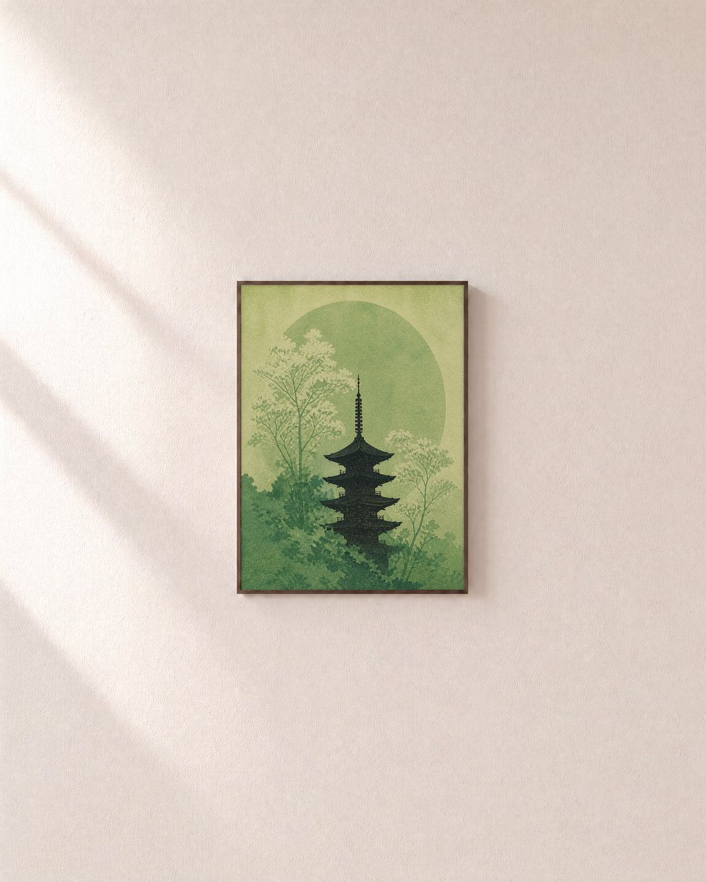 Moon Pagoda japanese art prints: unframed print is shown framed for styling on a plain wall; frame not included