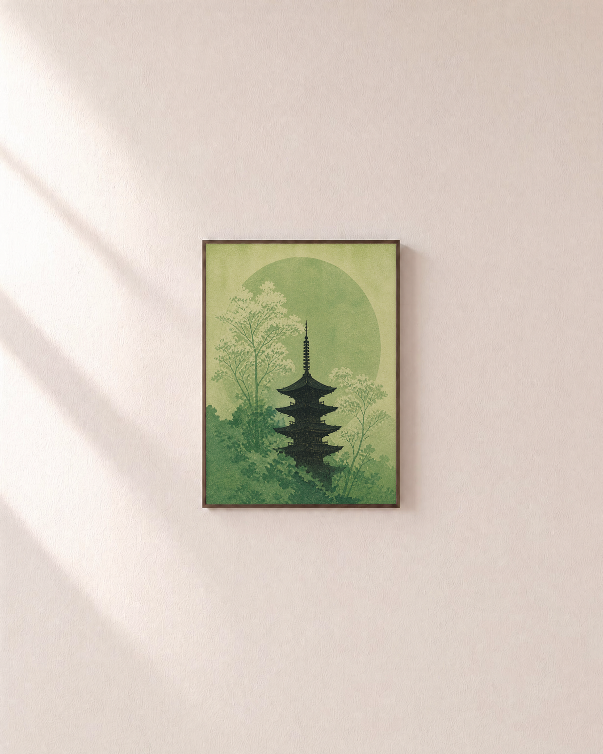 Moon Pagoda japanese art prints: unframed print is shown framed for styling on a plain wall; frame not included