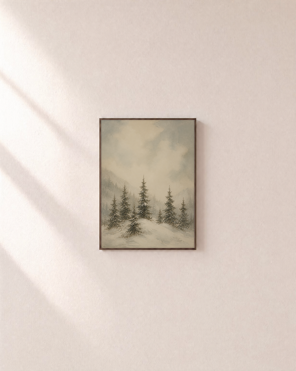 Snow Pines misty pine print: unframed print is shown framed for styling on a plain wall; frame not included