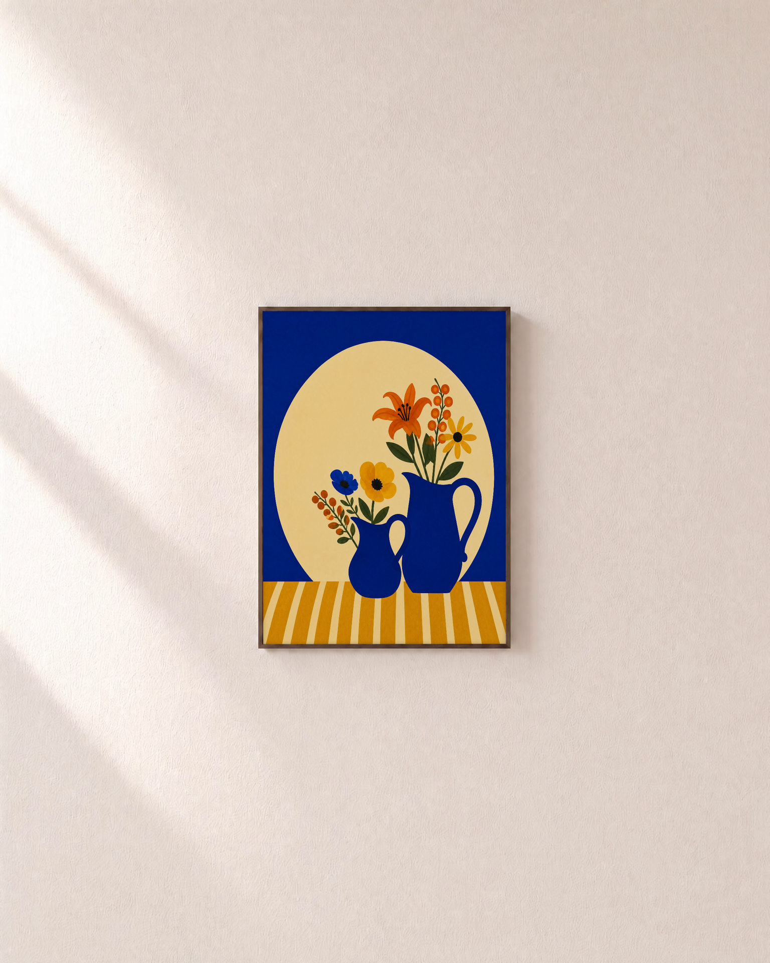 Cobalt Bowl Mixed Bloom Remap unframed print is shown framed for styling in a plain wall; frame not included