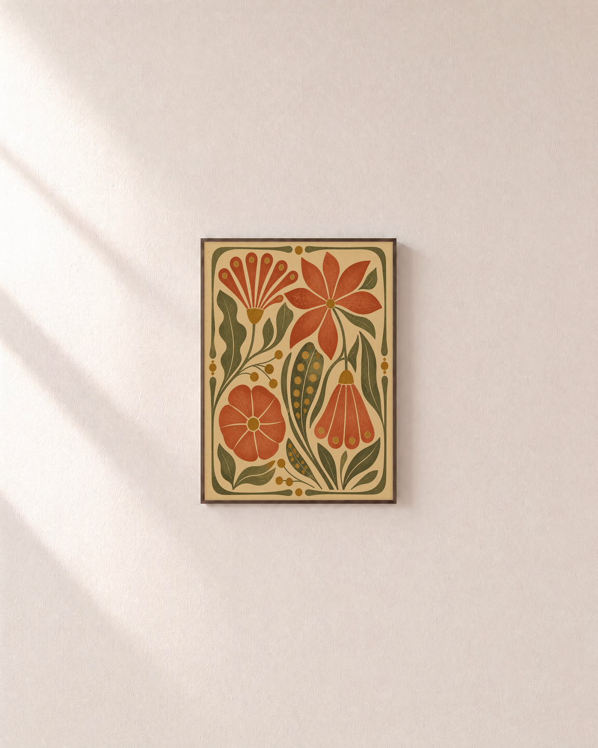 Flower Hour art nouveau prints: unframed print is shown framed for styling on a plain wall; frame not included
