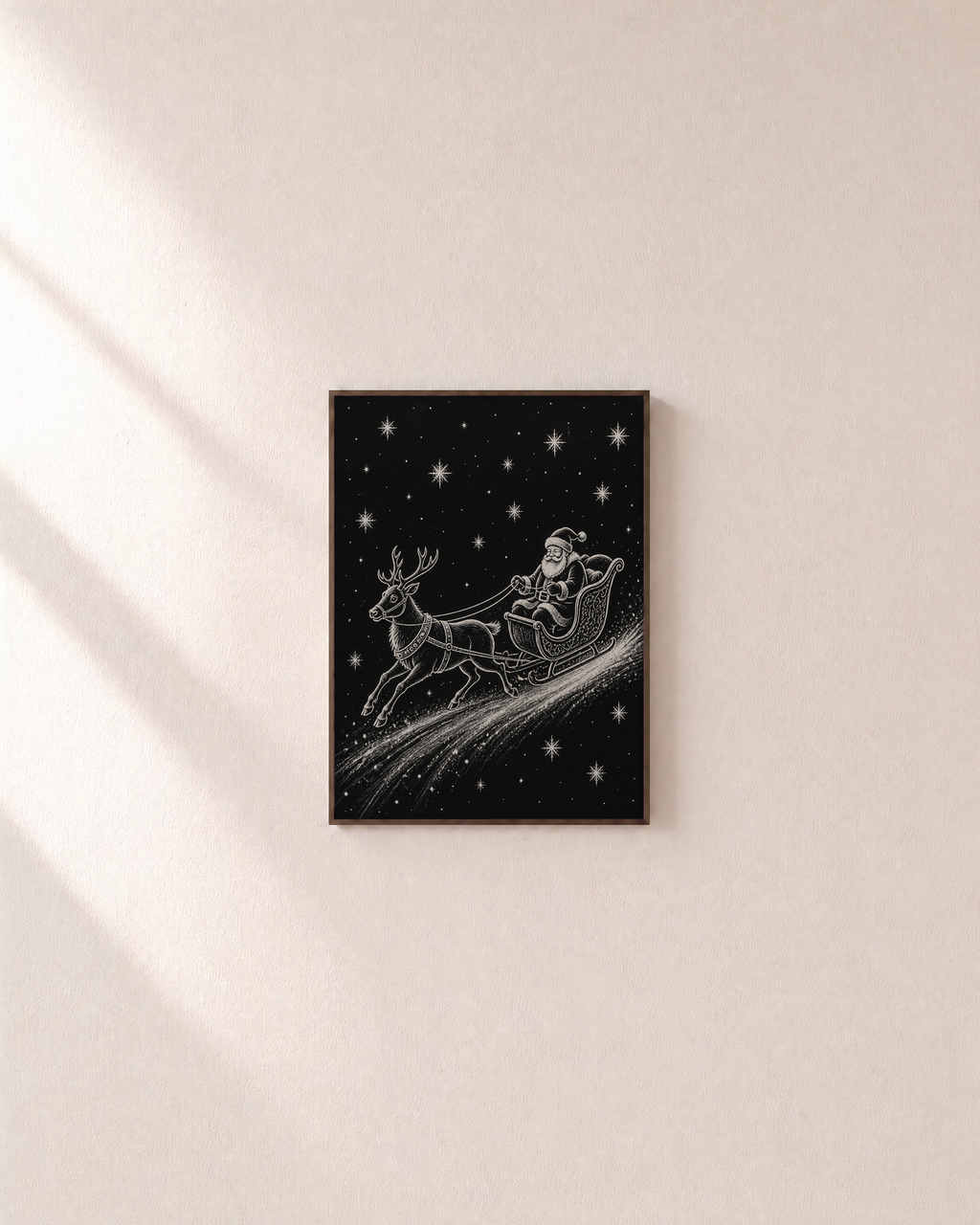 Starlit Ride starlit sled print: unframed print is shown framed for styling on a plain wall; frame not included
