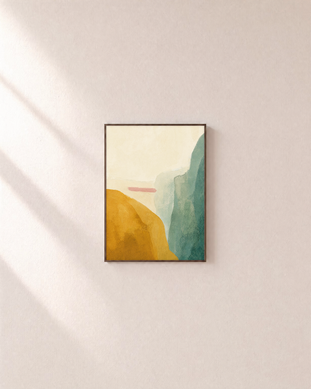 Mustard Hill Fields unframed print is shown framed for styling in a plain wall; frame not included