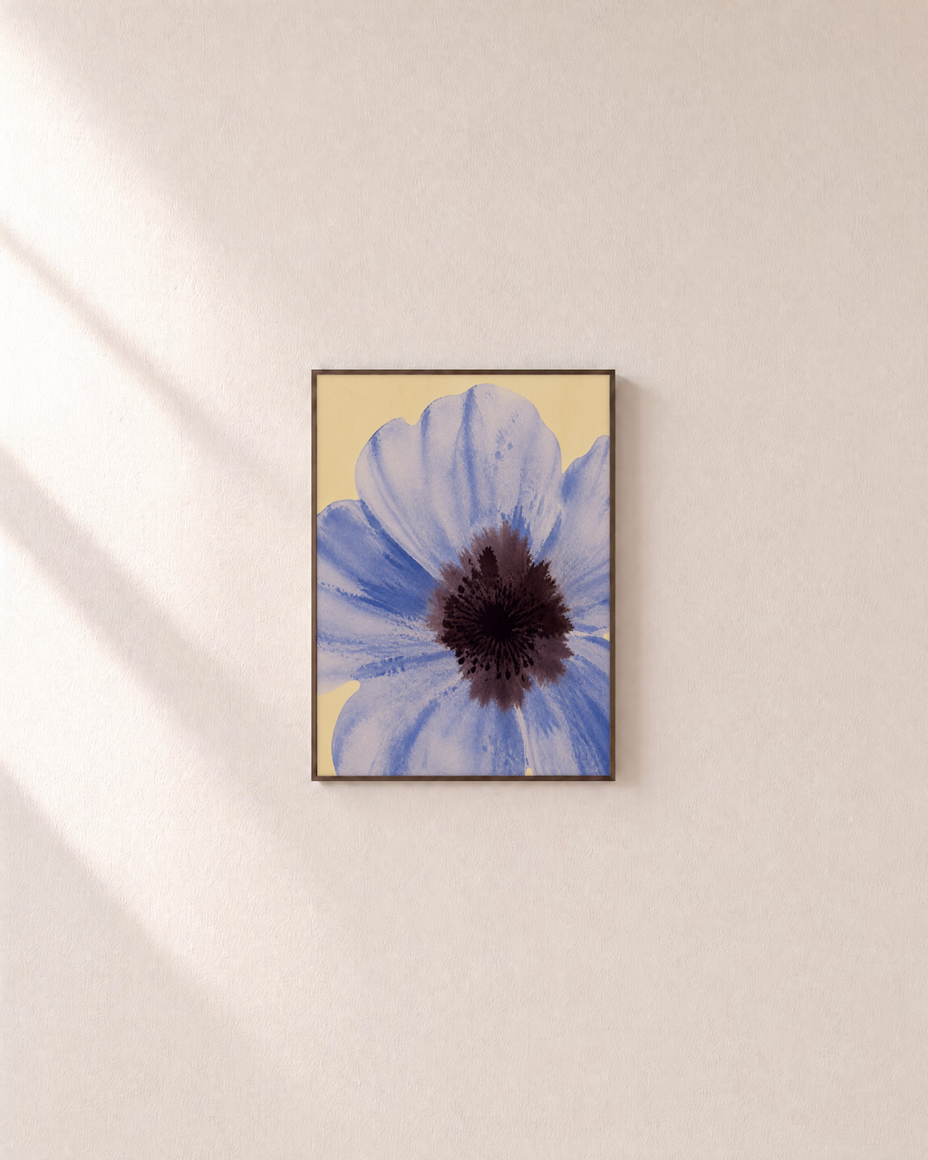 One Poppy Dark Eye unframed print is shown framed for styling in a plain wall; frame not included
