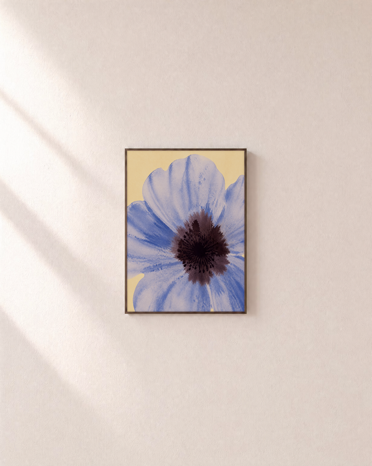 One Poppy Dark Eye unframed print is shown framed for styling in a plain wall; frame not included