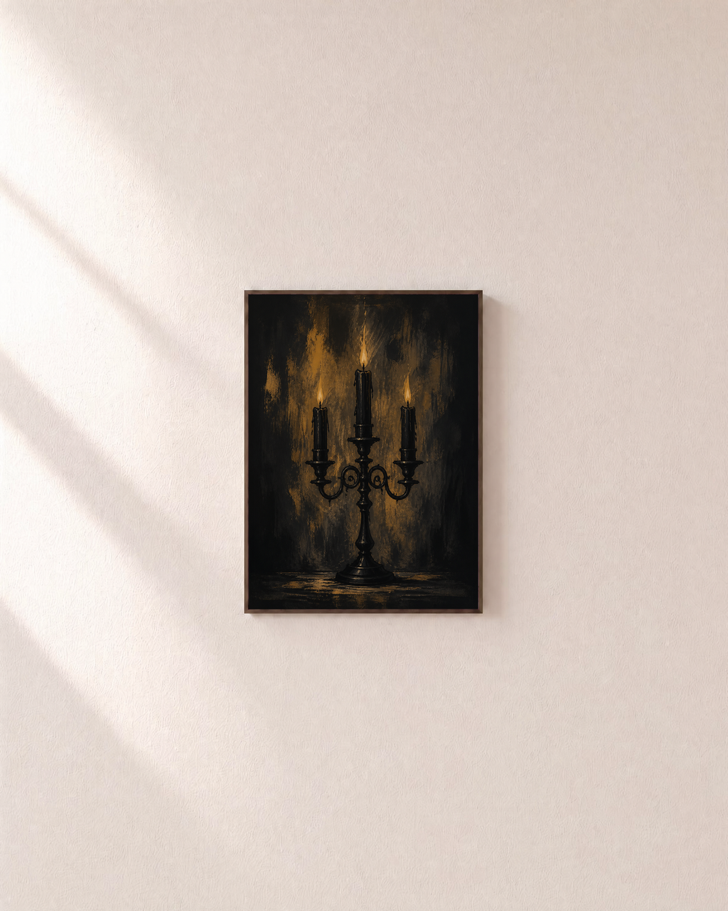 Candle Watch dark candelabra print: unframed print is shown framed for styling on a plain wall; frame not included