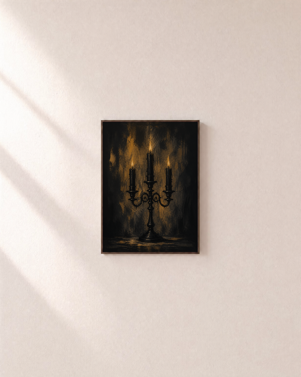 Candle Watch dark candelabra print: unframed print is shown framed for styling on a plain wall; frame not included