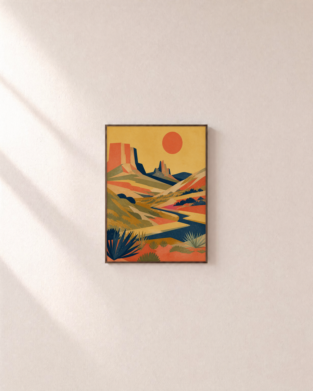 Canyon Sun desert art print: unframed print is shown framed for styling on a plain wall; frame not included